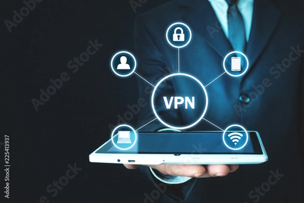 Fototapeta Man holding tablet. Virtual Private Network