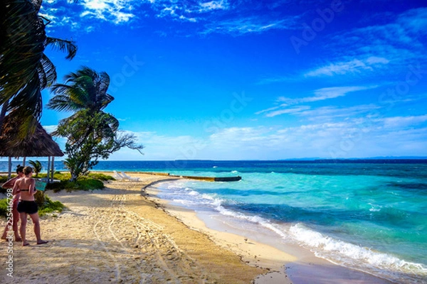 Obraz A pair of tourists walk on the golden sand of the tiny island of Rendezvous Caye in the Belize Barrier Reef, off the coast of Belize, Central America