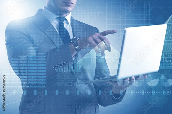 Fototapeta Businessman with laptop in finance and banking concept