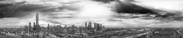 Fototapeta Panoramic aerial view of Melbourne from helicopter, Australia in black and white view
