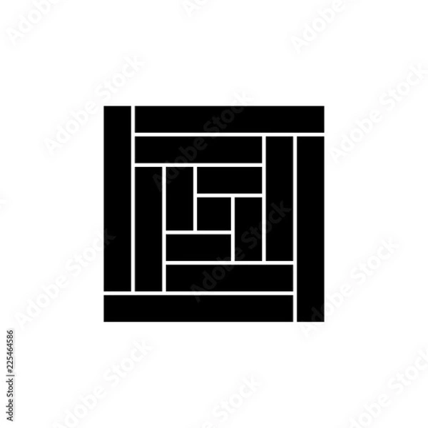 Fototapeta Black & white vector illustration of framed square or log cabin quilt pattern. Flat icon of quilting & patchwork geometric design template. Isolated on white background.