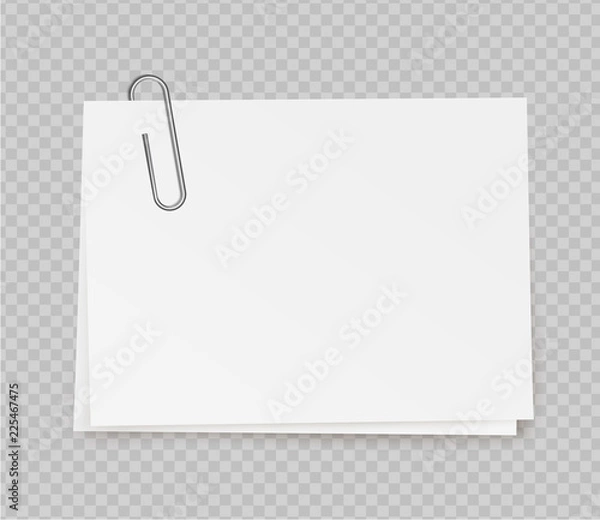 Fototapeta Vector realistic white note paper from with paper clip on transparent background.