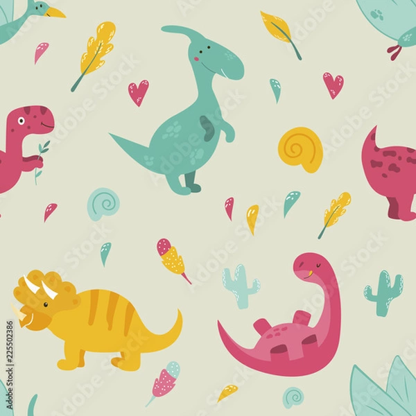 Fototapeta Bright seamless pattern with cute dinosaurs