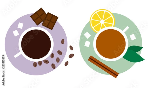 Obraz Tea and coffee with sweets flat vector illustration