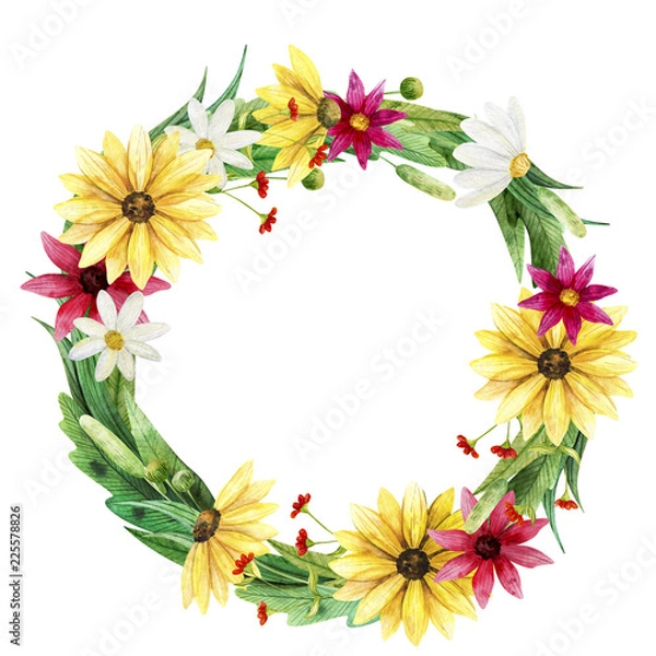 Fototapeta Seamless pattern wreath. Wild flover watercolor backraund 