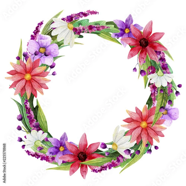Fototapeta Seamless pattern wreath. Wild flover watercolor backraund 