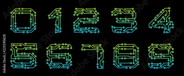 Fototapeta Set Numbers Made in Circuit Texture, Numerals Isolated on Black Background