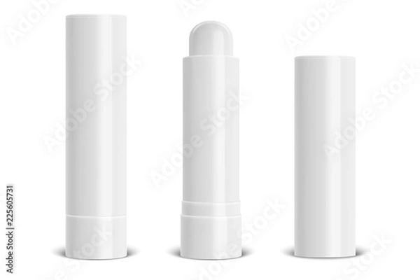 Fototapeta Vector realistic 3d white blank glossy closed and opened lip balm stick or hygienic lipstick set closeup isolated on white background. Design template for graphics, vector mockup. Cosmetic packaging
