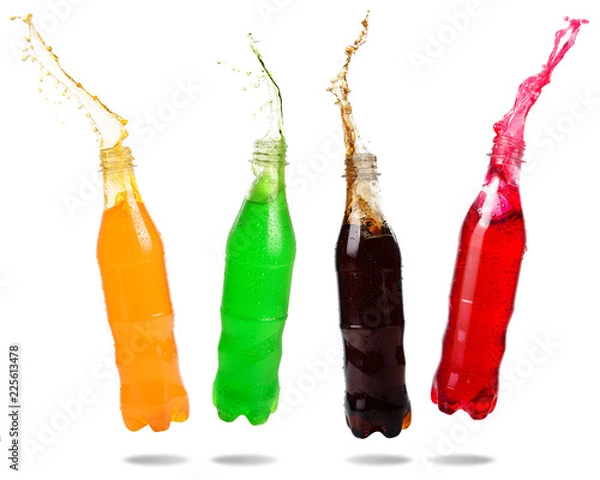Fototapeta Orange juice, Green soda, Cola and Red soda splashing out of bottle isolated on white background.