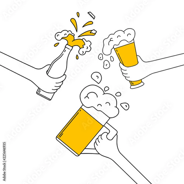 Obraz Three hands clinking beer mug, glass and bottle with spilled foam on a birthday party in yellow. Fest cheers celebration. Vector isolated illustration.