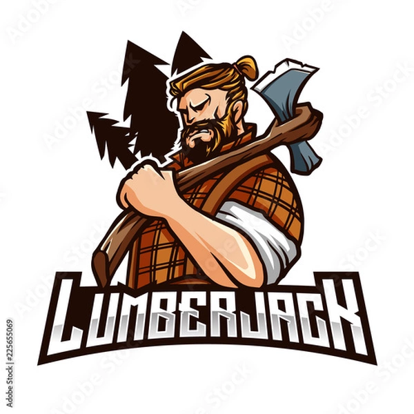 Fototapeta Lumberjack Mascot Modern sport logo template with image of the lumberjack with two axes in his hands