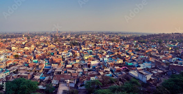 Obraz Aerial view of poor indian town Varsana, Barsana. High resolution panorama for large format printing. Mathura, Uttar Pradesh, India.