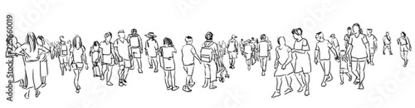 Fototapeta crowd of people walking ink sketch isolated on white background urban sketching panorama view
