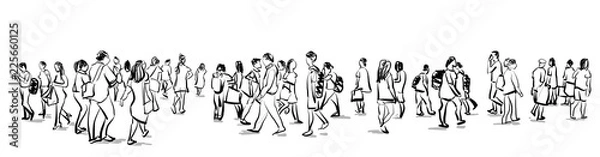 Fototapeta crowd group of people walking freehand ink sketch panorama view isolated on white background