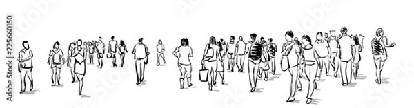 Fototapeta crowd group of people walking freehand ink sketch panorama view isolated on white background