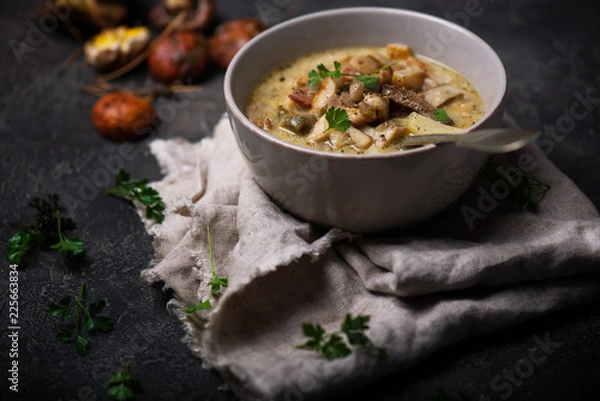 Fototapeta wild mushroom chowder with bacon