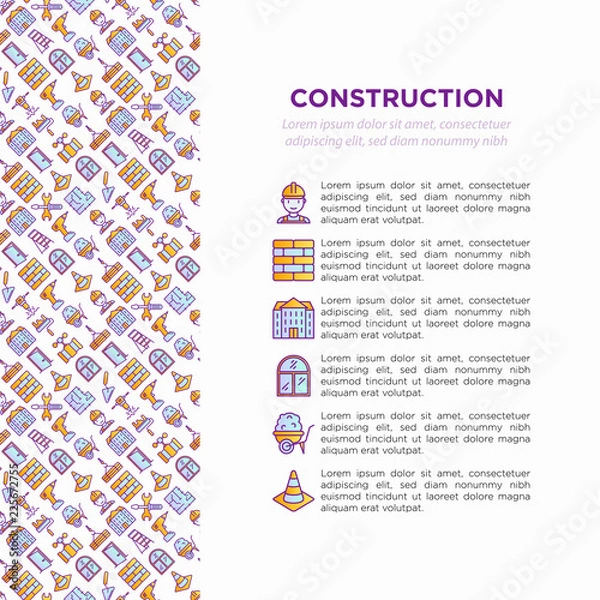 Fototapeta Construction concept with thin line icons: builder in helmet, work tools, brickwork, floor plan, plumbing, drill, trowel, traffic cone, stepladder, jackhammer, wheelbarrow. Modern vector illustration.