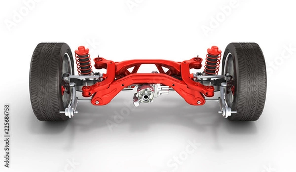 Obraz Suspension of the car in details with wheel isolated on white background 3d
