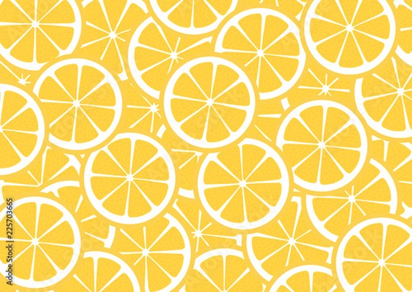 Fototapeta Bright lemon slices vector background. Summer bright tropical fruit pattern. 