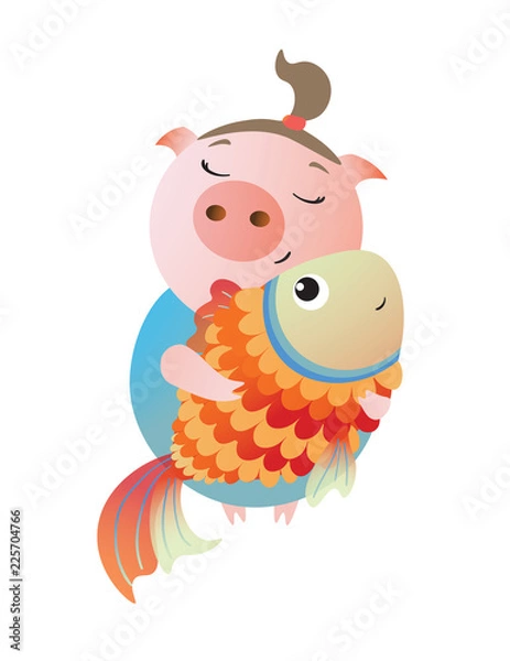 Fototapeta Pisces. Zodiac symbol. Cute pig hugging a goldfish. Chinese horoscope symbol 2019. Isolated on transparent background. Excellent for the design of postcards, posters, stickers etc.