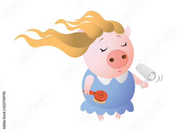 Fototapeta Virgo. Zodiac symbol. Piggy caring for your hair with a hair dryer. Chinese horoscope symbol 2019. Isolated on transparent background. Excellent for the design of postcards, posters, stickers etc.