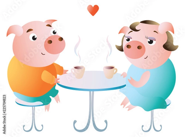 Fototapeta Date in a cafe. A couple of pigs drinking coffee and tea at the table. Vector illustration. Isolated on transparent background. Excellent for the design of postcards, posters, stickers etc.
