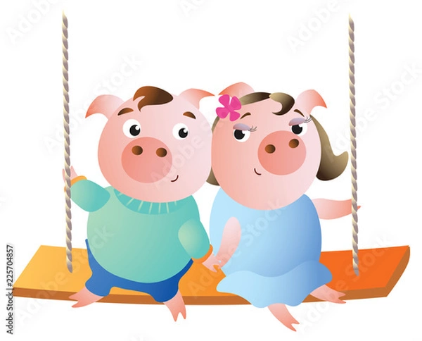 Fototapeta A pair of pigs in love on a swing. Vector illustration. Isolated on transparent background. Excellent for the design of postcards, posters, stickers etc.