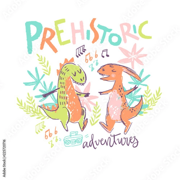 Fototapeta Vector kid drawn illustration with pair of cute dancing dinosaur
