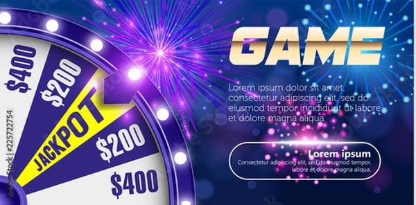 Fototapeta Vector fortune wheel, Online casino design concept. 3d object on abstract defocused circular blue bokeh background. Wheel of luck. Whill of fortune with game button.