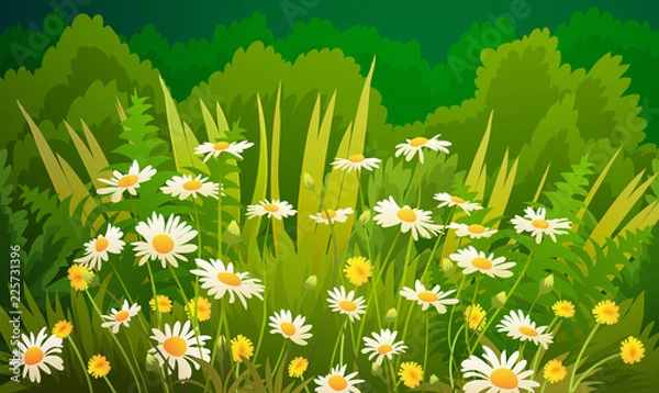 Fototapeta Dandelions and daisies flowers with grass and green bushes for background. Vector illustration.