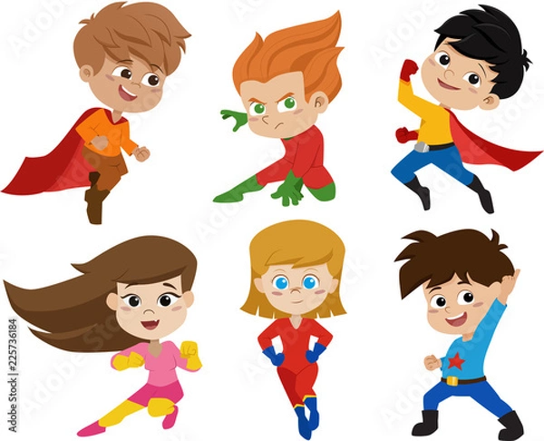 Fototapeta Zestaw dzieci ubranych w kostiumy superbohaterów z różnymi pozami.