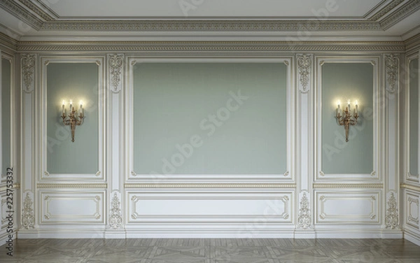 Obraz сlassic interior in olive colors with wooden wall panels and sconces. 3d rendering.