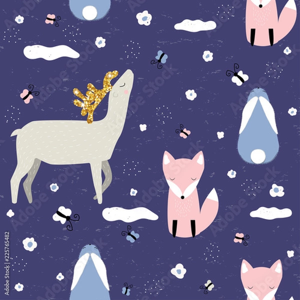 Fototapeta Magic forest seamless pattern. Cute childish print with animals. Vector hand drawn illustration.