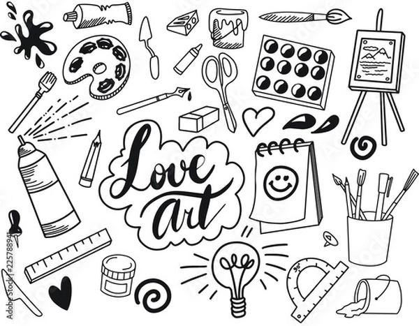 Fototapeta Black and white fine art hand drawn doodle and tool model icon isolated. Art subject doodle used for school education or document decoration with subject header lettering, VECTOR Illustration