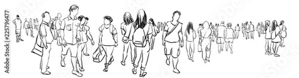Fototapeta crowd of people walking ink sketch isolated on white background urban sketching panorama view
