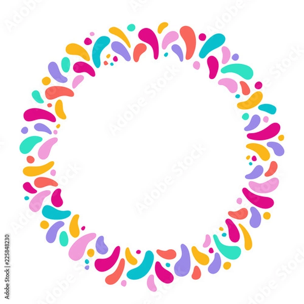 Fototapeta Vector holiday round frame with ornament of multicolor drops. For carnival design, festivals, themes of love, children