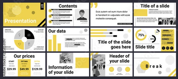 Obraz Design of a business presentation template with yellow, black and grey colours. Vector set of infographic elements for marketing, advertising or annual report.