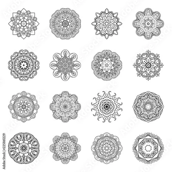 Fototapeta Vector Monochrome Set of Mandalas. Round Abstract Objects Isolated On White Background. Ethnic Decorative Element