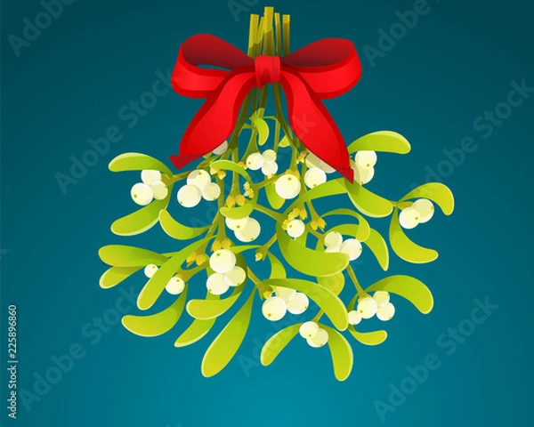 Fototapeta Christmas branch of mistletoe with red bow isolated on blue background. Vector illustration.