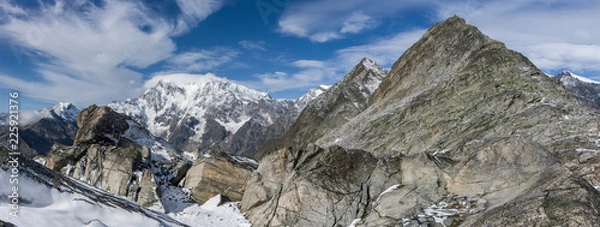 Fototapeta View to Monte Moro mountain from Monte Moro pass near Macugnaga, Monte Rosa massif at background, Italy. Panorama