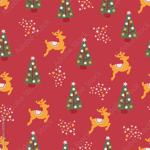 Obraz Christmas trees reindeer stars seamless repeat vector pattern hand drawn. Pink background. For fabric, gift wrap, packaging, poster, greeting card, party invitation, kids decor, winter holidays, paper