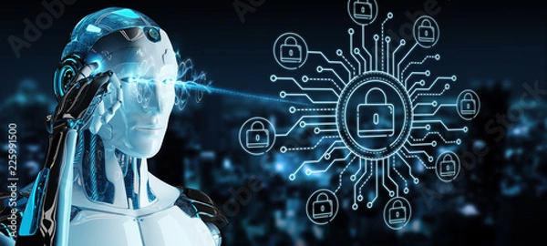 Fototapeta Biały robot na rozmytym tle hakuje i uzyskuje dostęp do prywatnych danych cybernetycznych