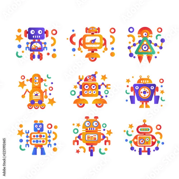 Fototapeta Cute funny robots set, android characters, artificial robotics machine colorful vector Illustration on a white background