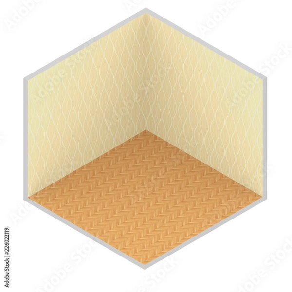 Obraz 3d isometric rendering illustration of empty room with wooden floor and yellow wallpaper