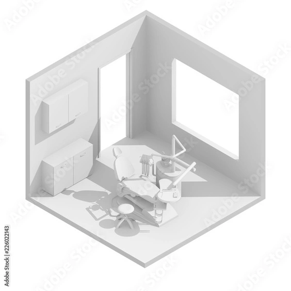Obraz 3D renderowania izometrycznego ilustracja pokoju biały fotel dentystyczny