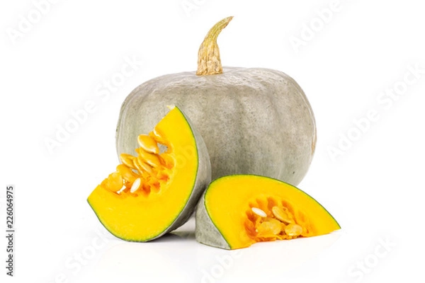 Fototapeta Group of one whole two slices of fresh blue grey pumpkin nagy dobosi variety isolated on white background