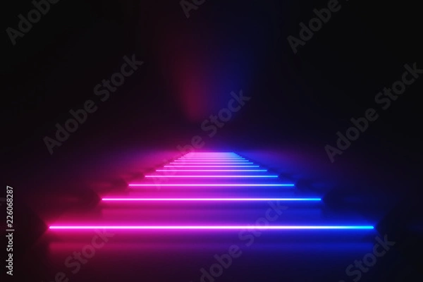 Obraz Futurystyczny Sci-Fi abstrakcyjne niebieskie i fioletowe kształty światła neonowego na czarnym tle z pustą przestrzenią dla tekstu 3D renderowania ilustracji