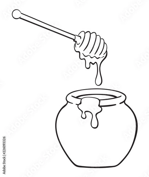 Obraz Black and white illustration of cartoon  pot of honey with dipper