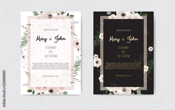 Fototapeta Botanical wedding invitation card template design, white and pink flowers. Vector template set.