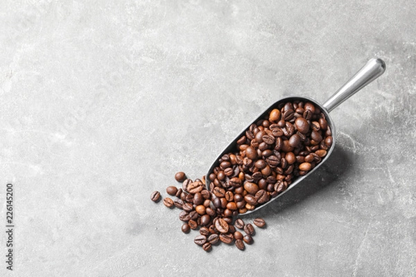 Fototapeta Scoop with roasted coffee beans on grey background, top view. Space for text